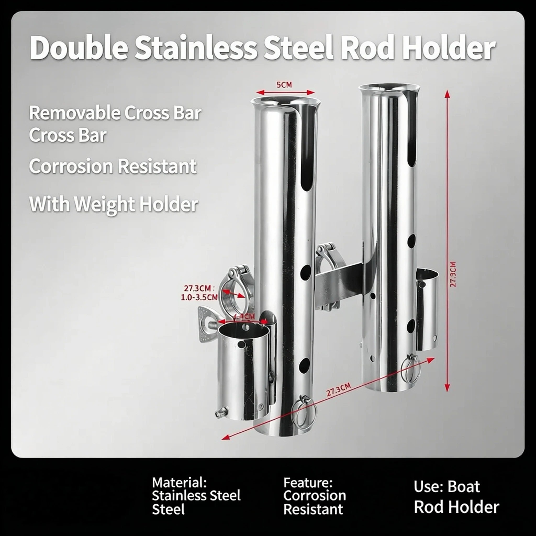 MARINE STAINLESS STEEL DUAL TUBE FISHING ROD HOLDER, DOUBLE ROD SOCKET FOR TROLLING SEA FISHING, ROD MOUNT FOR INFLATABLE BOATS