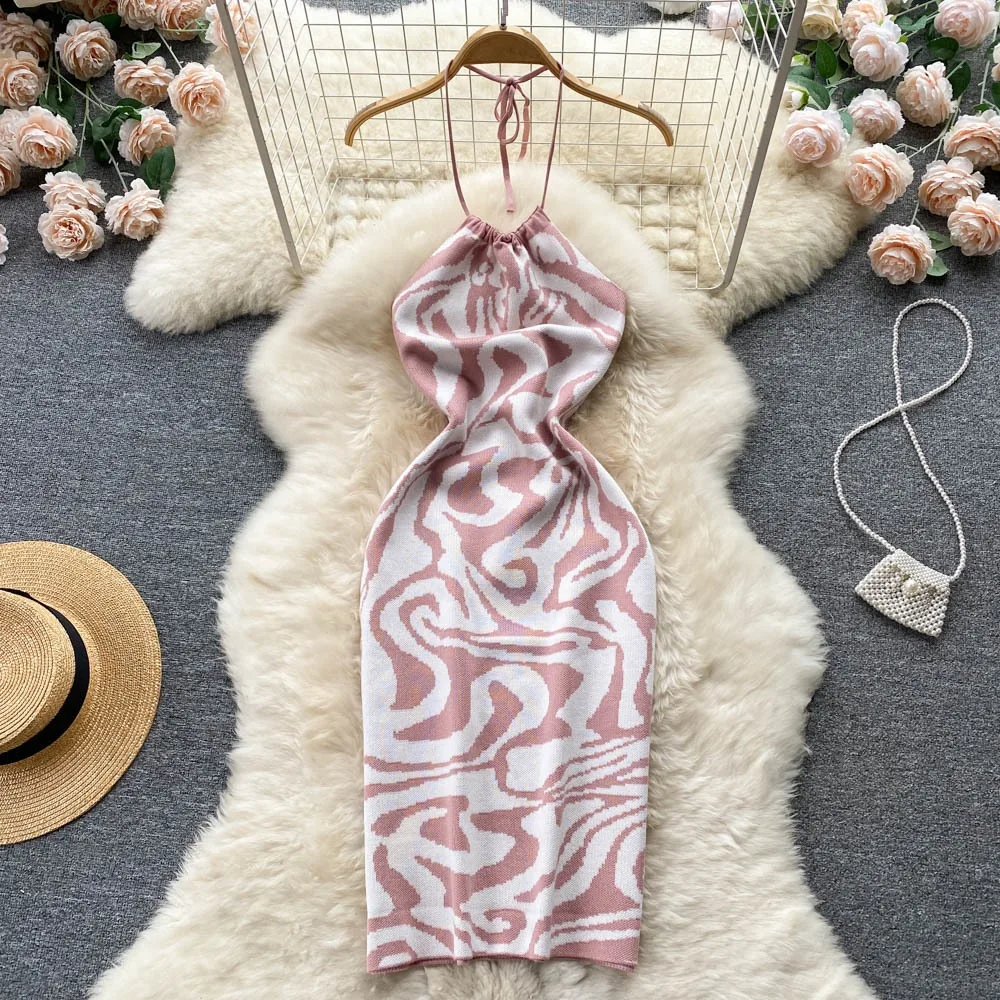 YuooMuoo Ins Hot Sexy Package Hips Backless Summer Dress Women Fashion Knitted Halter Bodycon Beach Dress Lady Streetwear Outfit