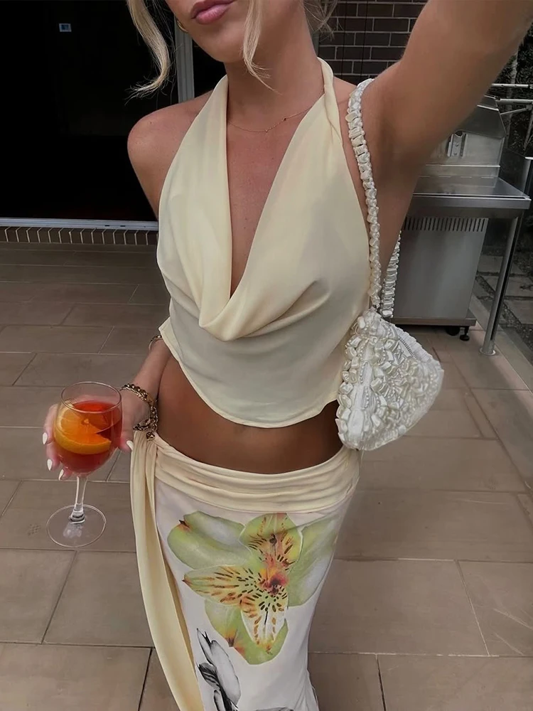 Holiday Outfits Women Summer Hipster Halter Swinging Neck Crop Tanks+Shirring Lace Up Maxi Skirts Double Patchwork Stacked