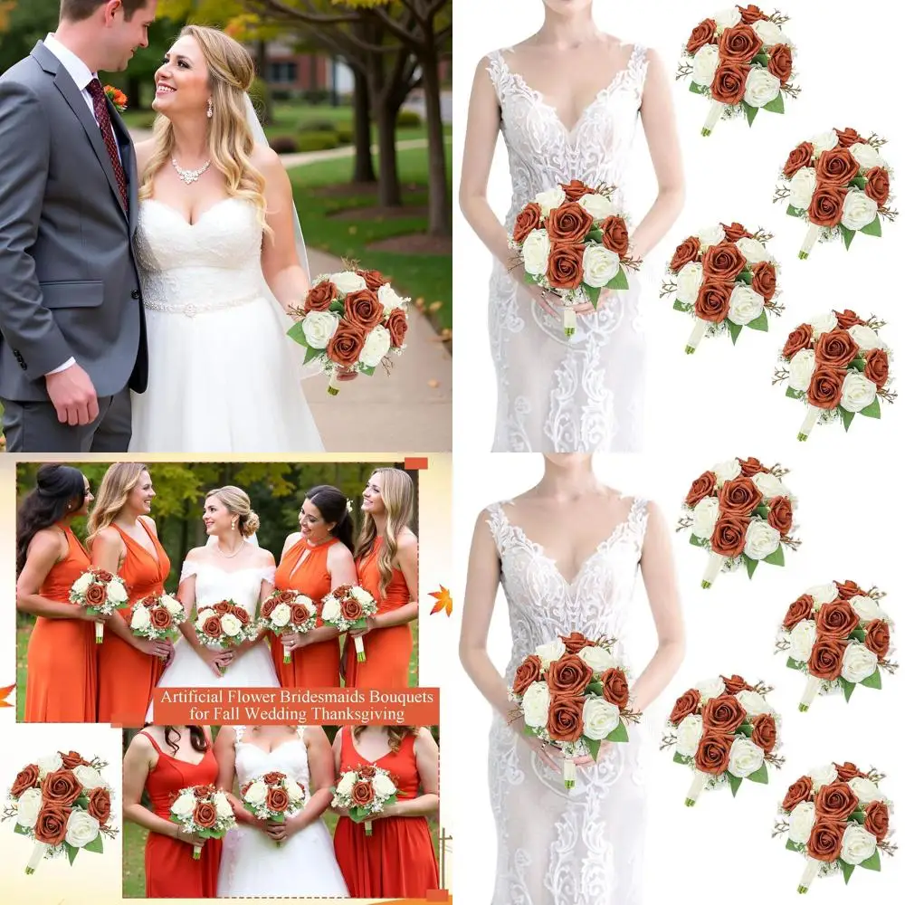 

Набор из 4 искусственных свадебных букетов: оранжевые розы и гипсофила, 7 штук для невест, на свадебные вечеринки и для декора.