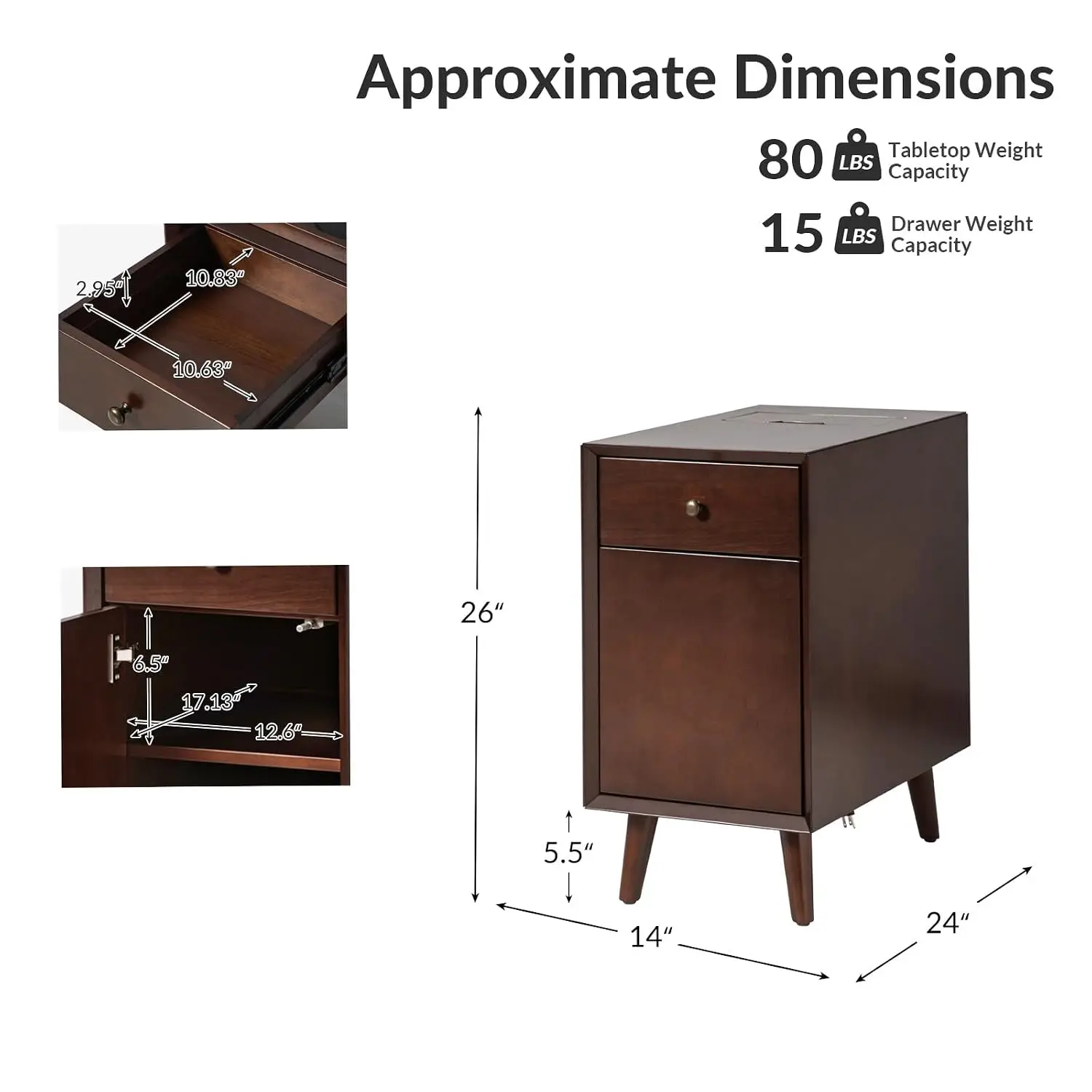 Side Table with Drawers & Charging Station Set of 2, Modern End Table with USB & Outlets, Wooden Night Stand Storage for Living
