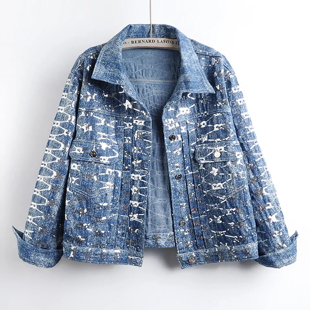 

Новая джинсовая куртка с пайетками и узором, с отложным воротником, свободного кроя, синяя, короткая, женская, повседневный стиль