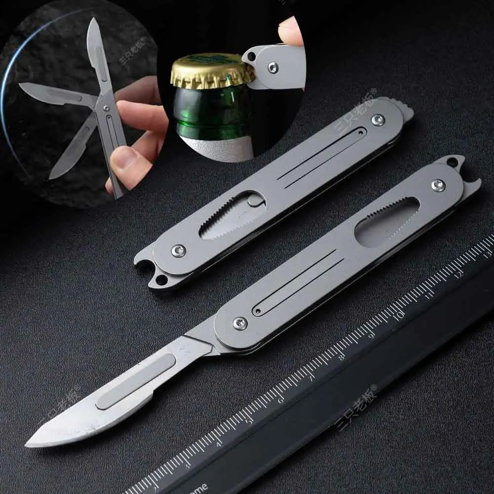 NO24 Blade Stainless Steel Scalpel Folding Knife Quick Open Portable Keychain Pocket Knife EDC Bottle Opener Survival Tool