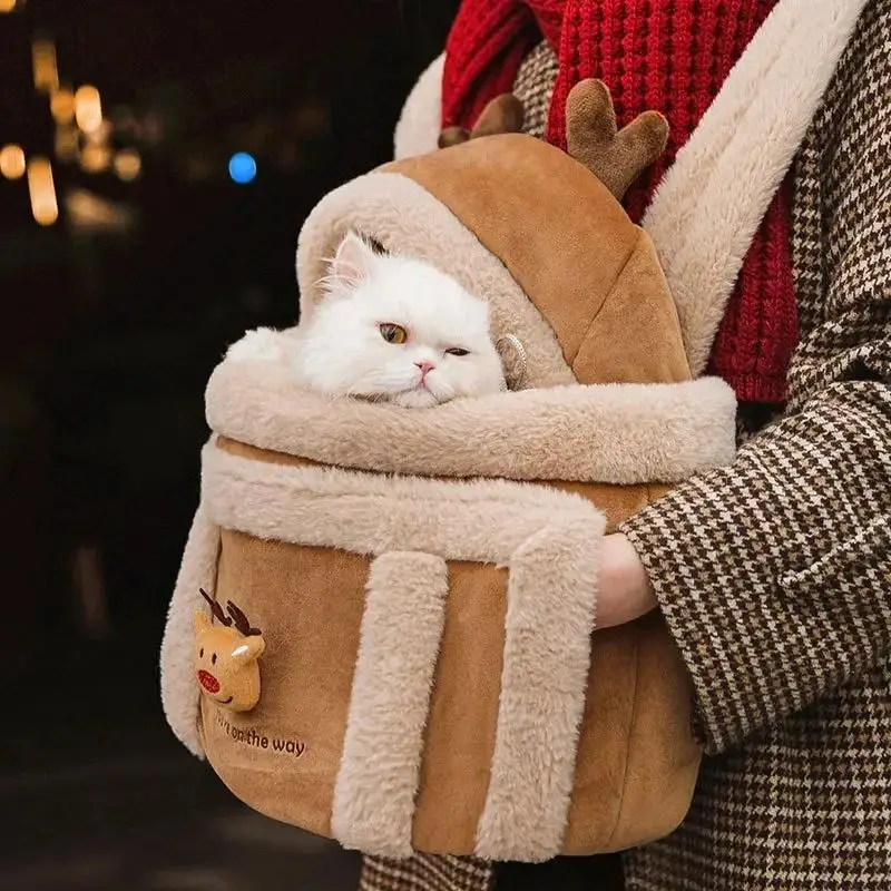 Cat Carrier Backpack Winter Warm Small Pet Carring Bag Soft Plush Pets Cage For Outdoor Travel Pet Hanging Chest Bag Winter New