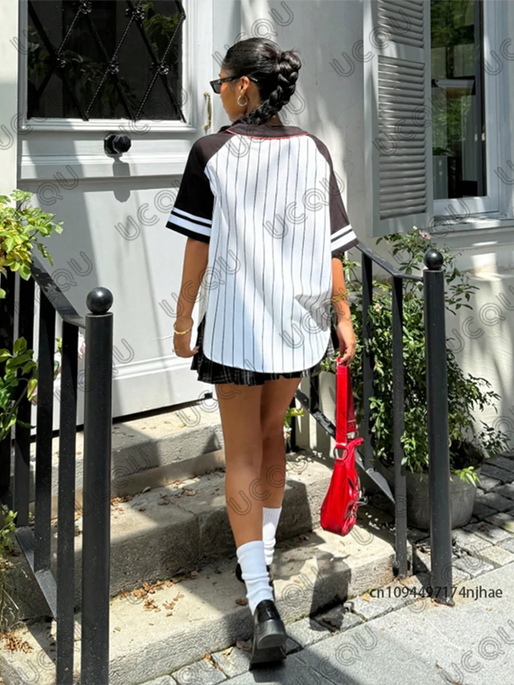 2025 Summer New Retro Stripe Boston 92 Printed Blouse Women Streetwear Baseball Shirt Hip Hop Short Sleeve Button Up Tops