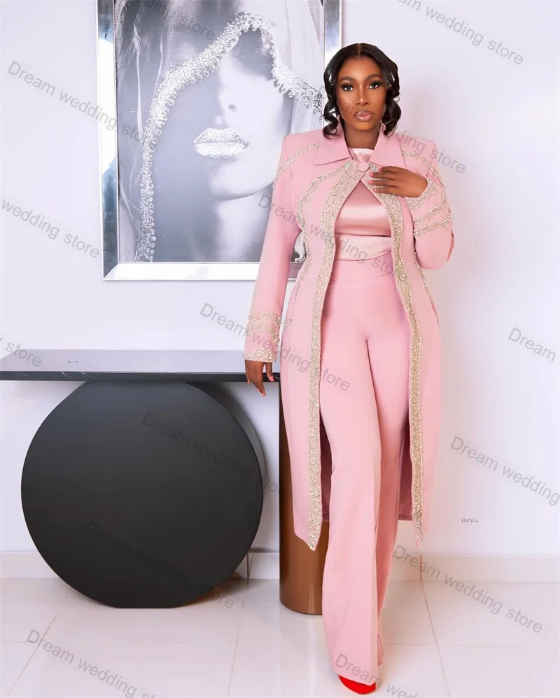 Pink Office Women Suits Pants Set 2 Piece Long Blazer+Trousers Formal Crystals Wedding Tuxedo Tailored Fall Autumn Jacket Coat