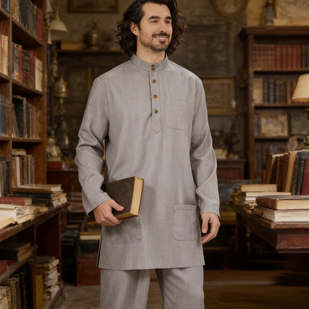 

2PCS Muslim Men Set Jubba Thobe Dubai Abaya Arabic Saudi Robe Long Sleeve Tops Pants Daffah Dishdasha Islam Traditional Clothing