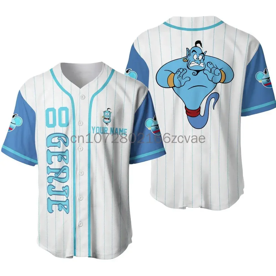 

New Disney Genie Aladdin Baseball Jersey 3D Printing Casual Fashion Button Customized Baseball Suit Men's and Women's T-Shirt