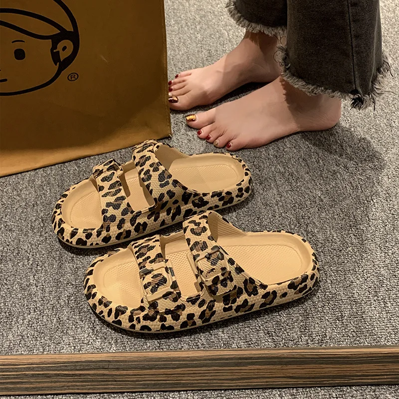 Leopard Soft Sole Pillow Slippers for Women Double Buckle Thick Platform Cloud Slides Sandals Woman Summer Non-Slip Flip Flops