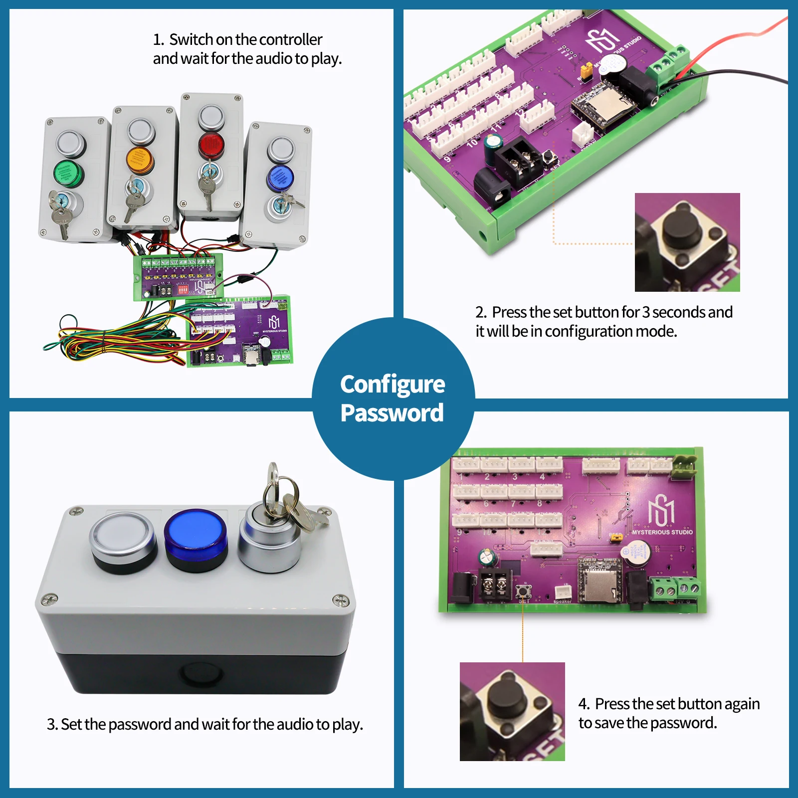 Mysterious Studio Key trigger indicator light prompts unlocking escape room props through button sequence key LED light button