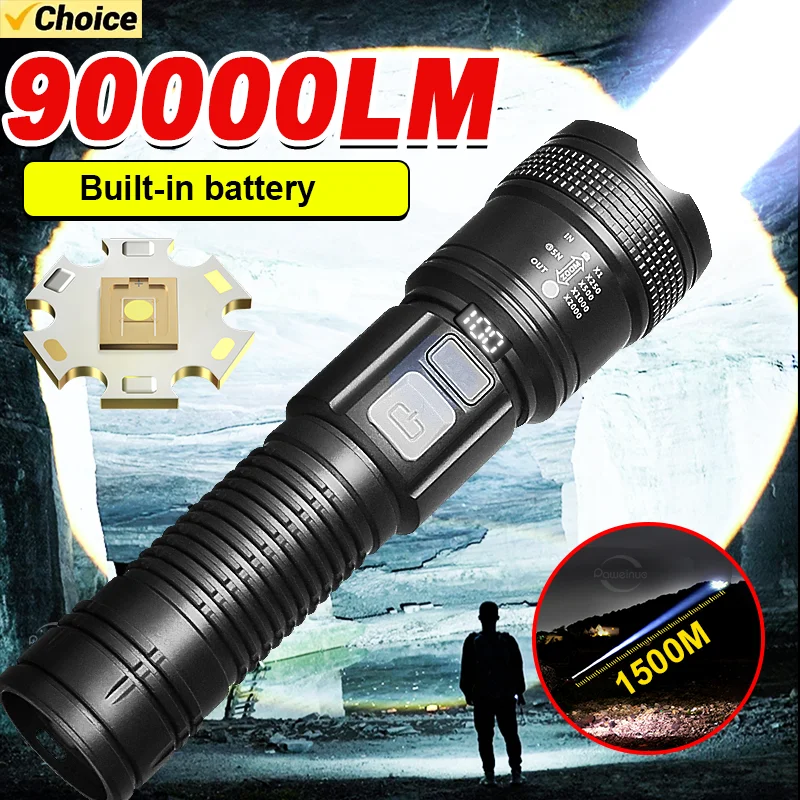

90000LM High Power Led Flashlights Tactical Torch 18650 Built-in battery USB Charging Camping Fishing Emergency Zoom Lantern