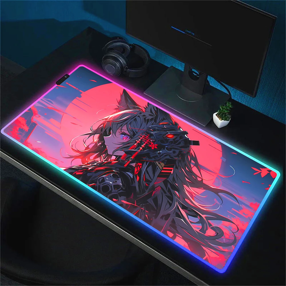 Imagem -03 - Anime Kawaii Menina Mouse Pad Rgb Luminescência Gaming Mousepad Led Cor Luz Bloqueio Bonito Tapete de Mesa Teclado Jogo Grande Tapete