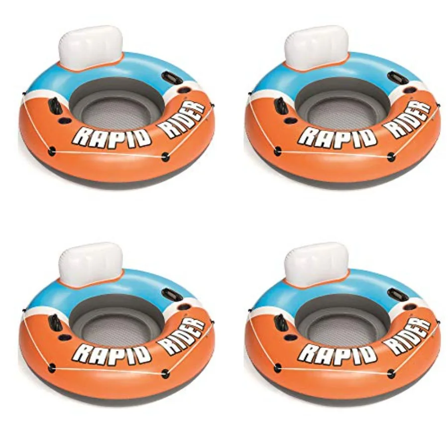 Outdoor inflatable pool chair for lounging, PVC material, orange, includes cupholders, handles, and all-around grab rope 4 pack