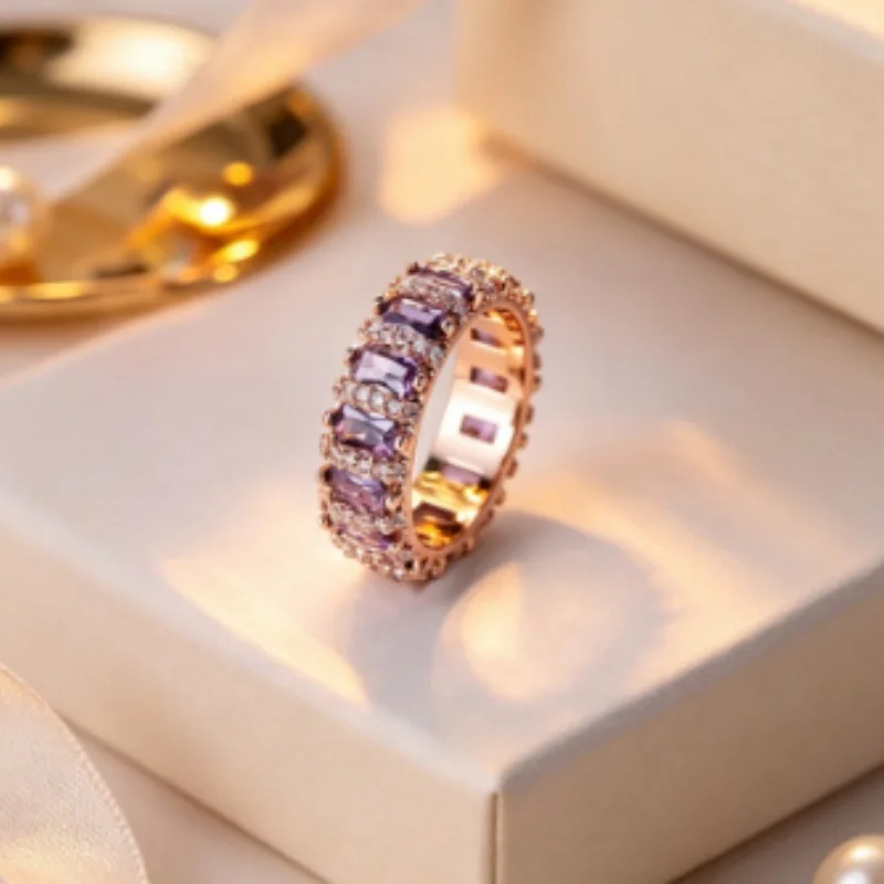 2026 New European and American Rose Gold Rectangular Zircon Full Circle Ring, Ladder Square Zircon Wide Edition Accessory