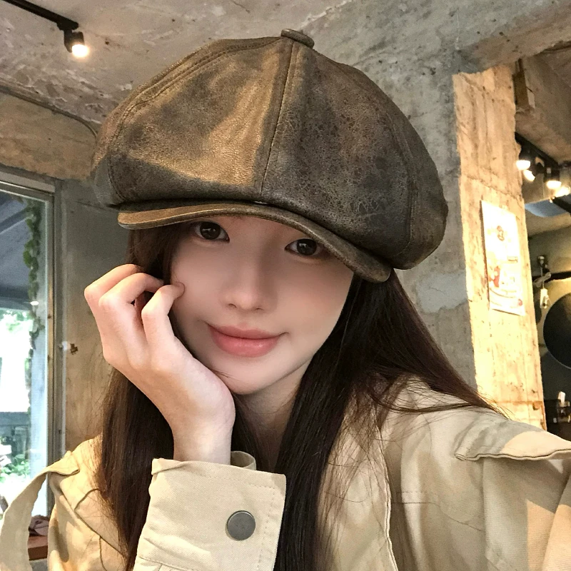 Retro Coffee Faux Leather Berets for Women Spring and Autumn Travel Leisure Versatile Show Face Little Literary Newsboy Hats