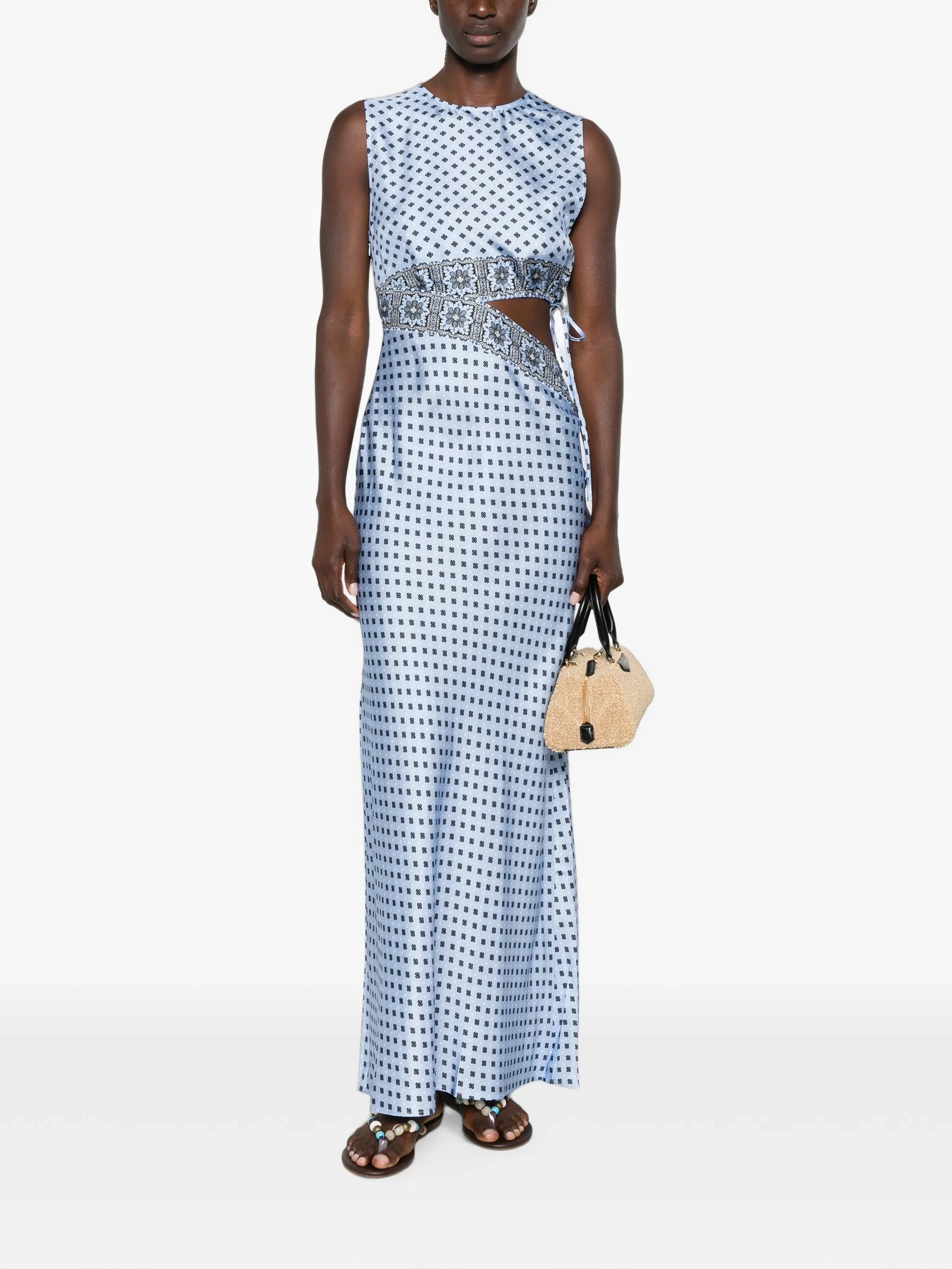 Elegant Long Sleeveless Dress with Side Waist Exposure Floral Patterned Meticulous Design French Style Polyester Material