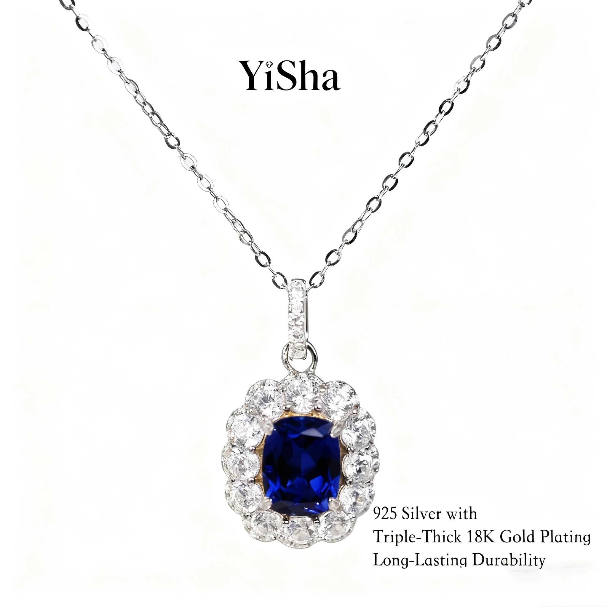 

Thick Rhodium Plated 925 Sterling Silver With 4ct Cushion Cut Lab-Created Sapphire necklace 925 Silver Gift for women