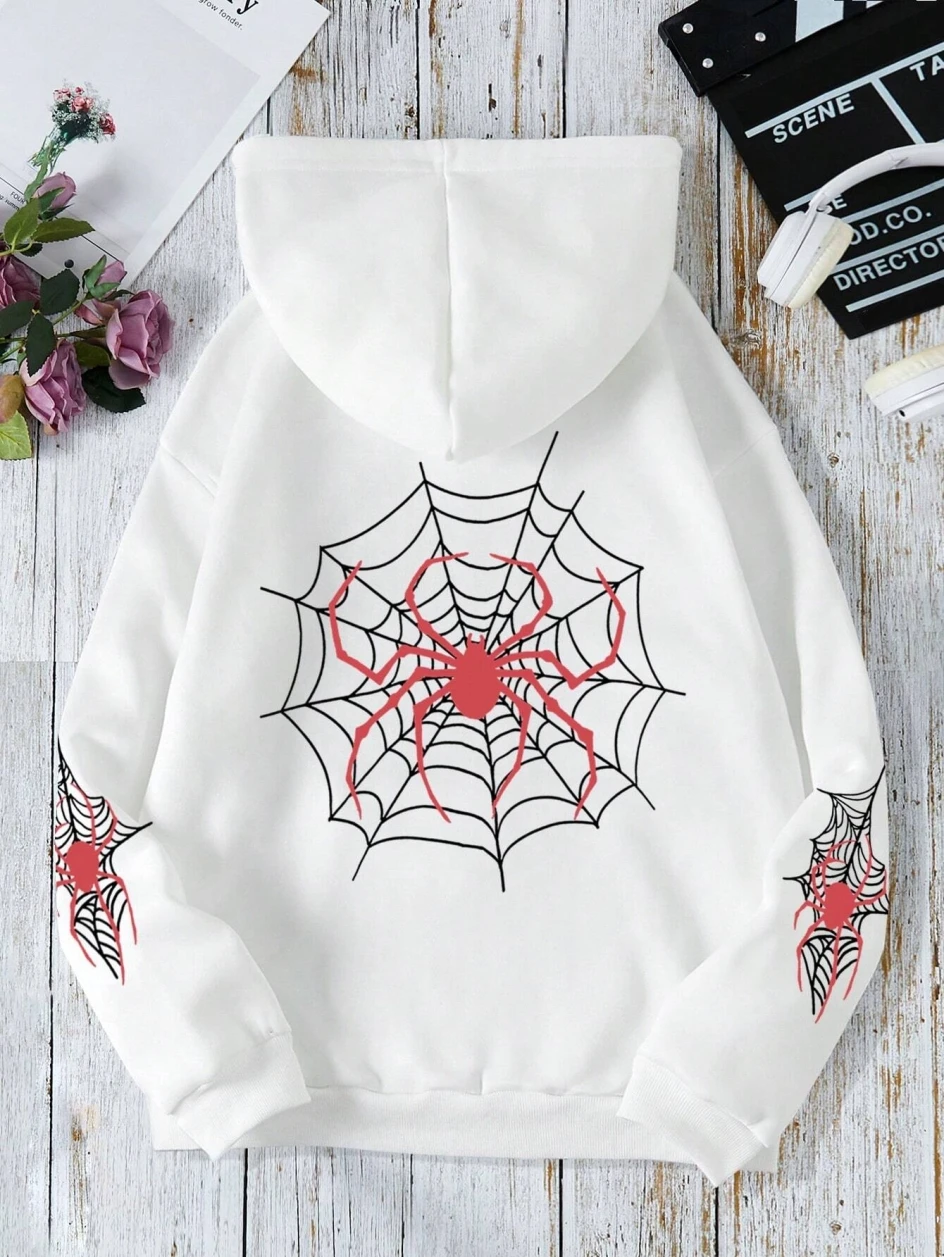 Simple Spiders & Cobwebs Printed Women Hoodie Crewneck Fleece Warm Sweatshirts Fashion Casual Tracksuit Oversized Female Hooded