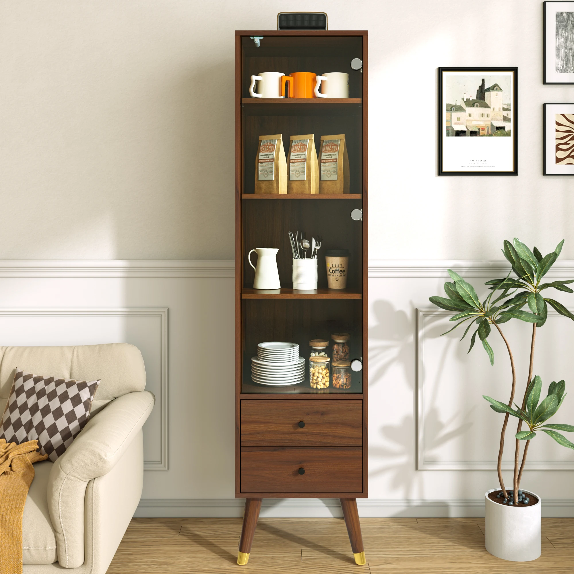 Armoire haute moderne avec porte vitrée, vitrine avec étagères réglables et 2 tiroirs, armoire de rangement autoportante pour salon, salle de bain et bureau en finition bois noyer