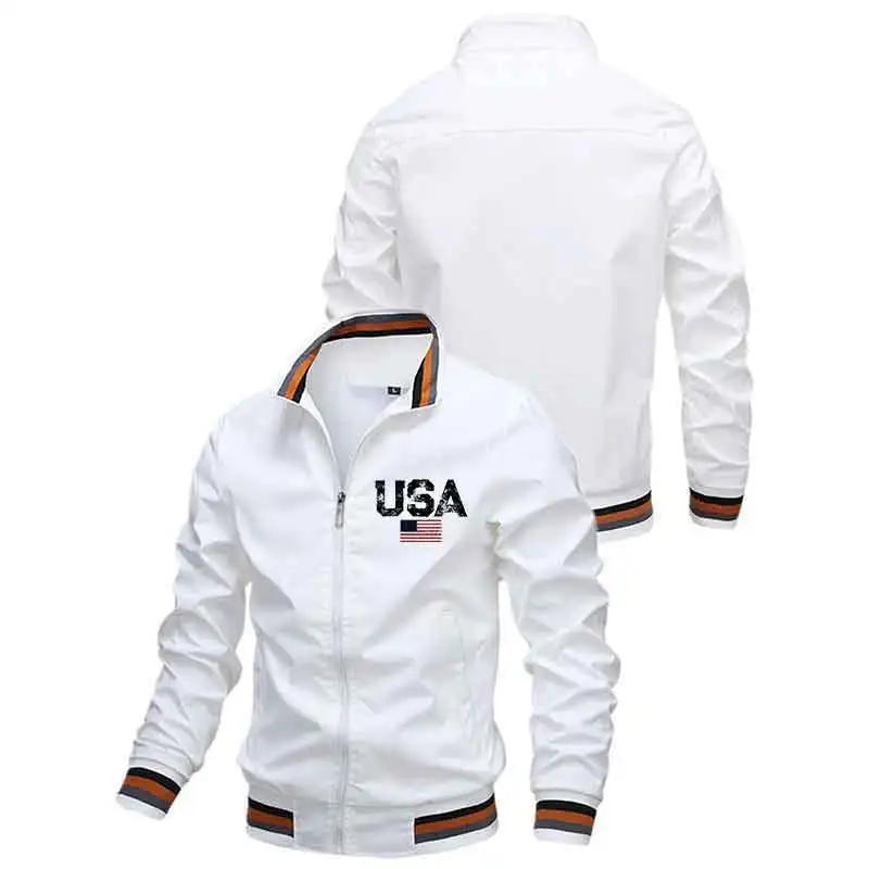 

Spring Autumn Men Full Zipper Jacket White Fashion Print Male Tops Casual Sports Clothing Striped Outdoor Stand Collar Coat