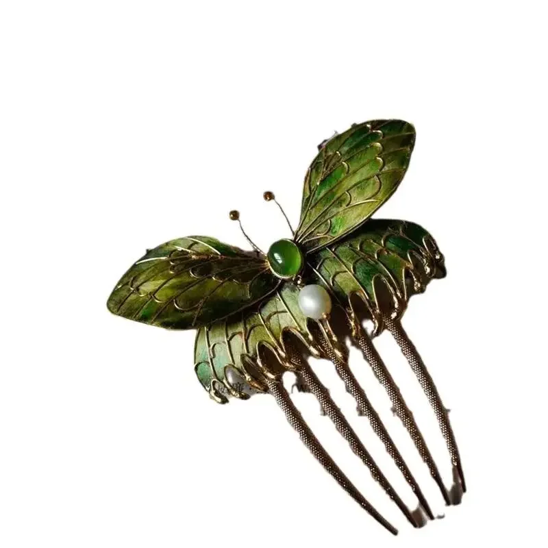 Classic film and television peripheral point green butterfly fluff commemorative hair accessories hair comb