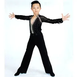 Boys Kids Modern Ballroom Latin Rumba Dance Shirts Sexy Deep V-Neck Competition Dance Costumes Velvet Latin Dance Wear