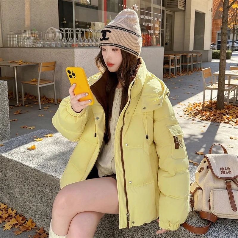 Detachable Hood Puffer Jacket Stand Collar Snap Accent Cargo Sleeve Pockets Elastic Cuffs Youthful Casual Winter Outercoat