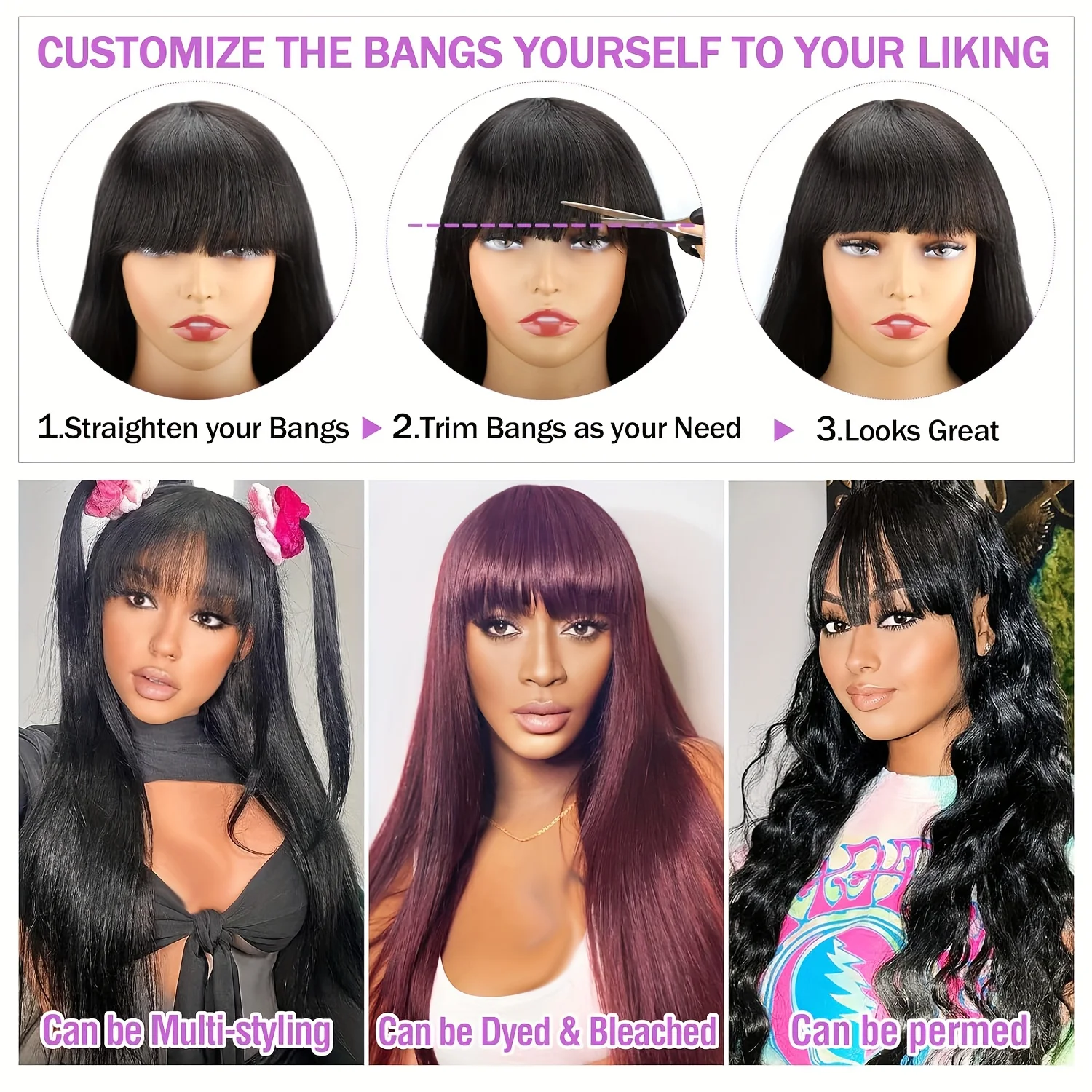Full Machine Made Bone Straight Human Hair Wig With Bangs 220 Density 30 Inch Brazilian 3x1 Middle Part Wig Human Hair Natural Baby Hair image 8