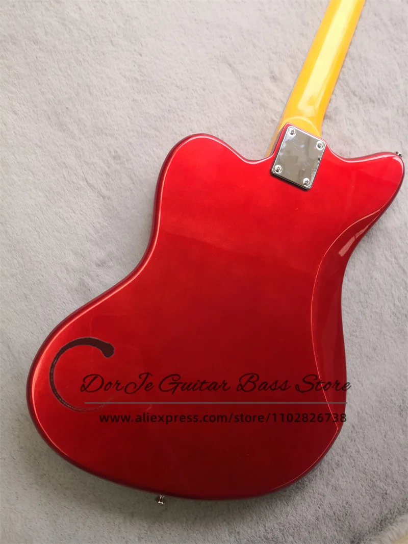 Metal Red electric Guitar Fixed bridge basswood body Yellow neck Rose wood fingerboard white pickup guard Jag Guitar Factory cus