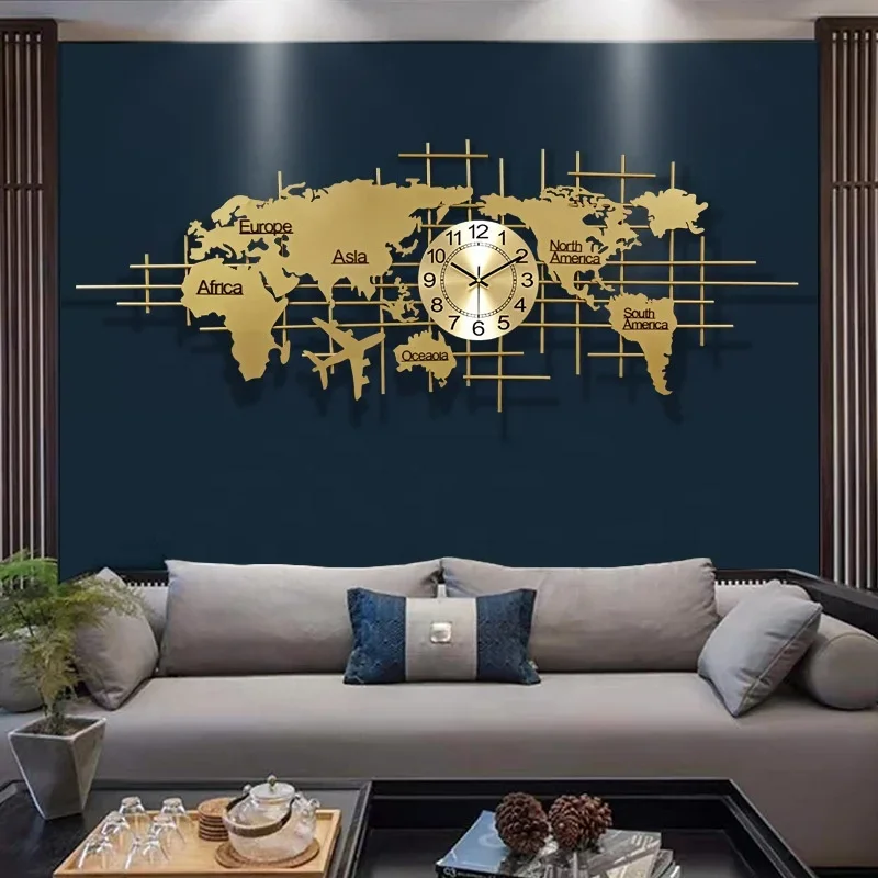 Light Luxury Home Decor Creative Silence Metal Art For Living Room Bedroom Background Decor Map Design Wall Clock