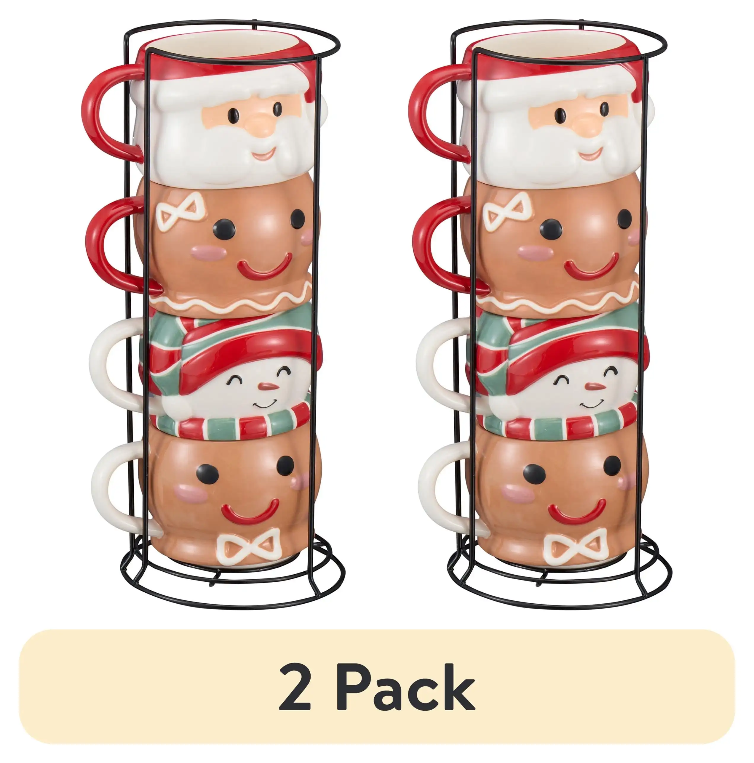 

(2 Pack) 12oz Holiday Characters Glazed Stoneware Ceramic Stacking Mug Set with Metal Rack