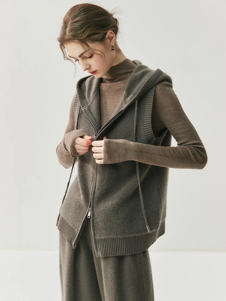 

CHICUU Women's Hoodie Sleeveless Cardigan Waistcoat 100% Cashmere Sweater Casual Style Thick Zipper Vest Knitwear Autumn Winter