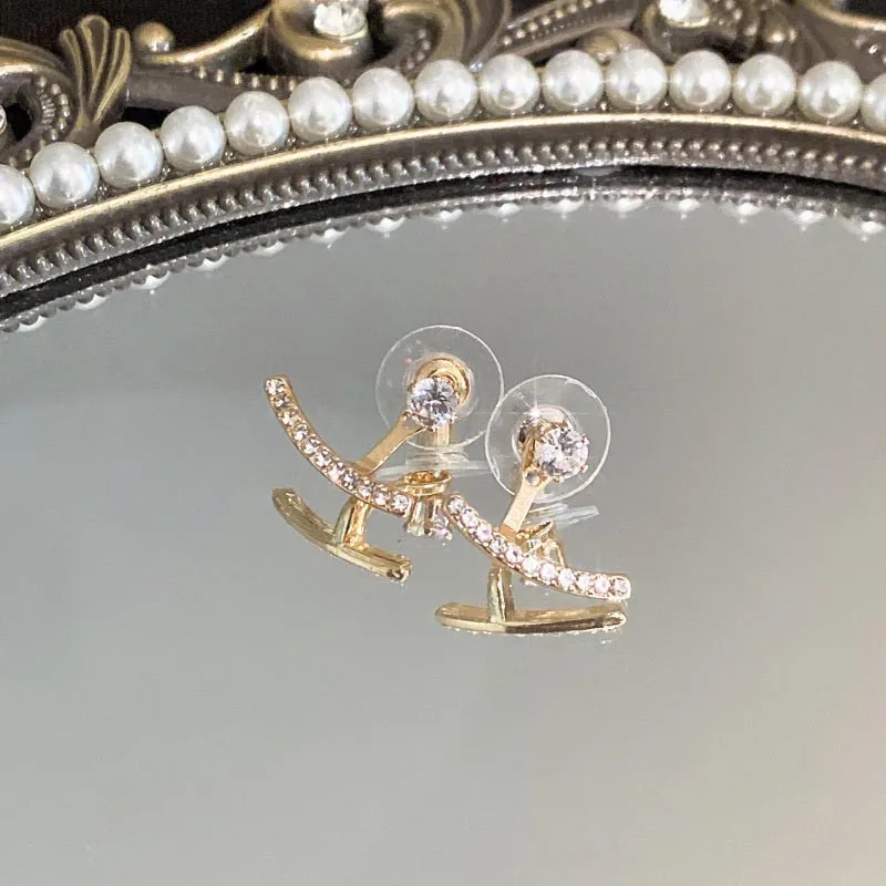 Trend Classic Zirconia Women Stud Earrings Silver Color Two Way Wear Wedding Studs Ear Simple Party Nightclub Jewelry