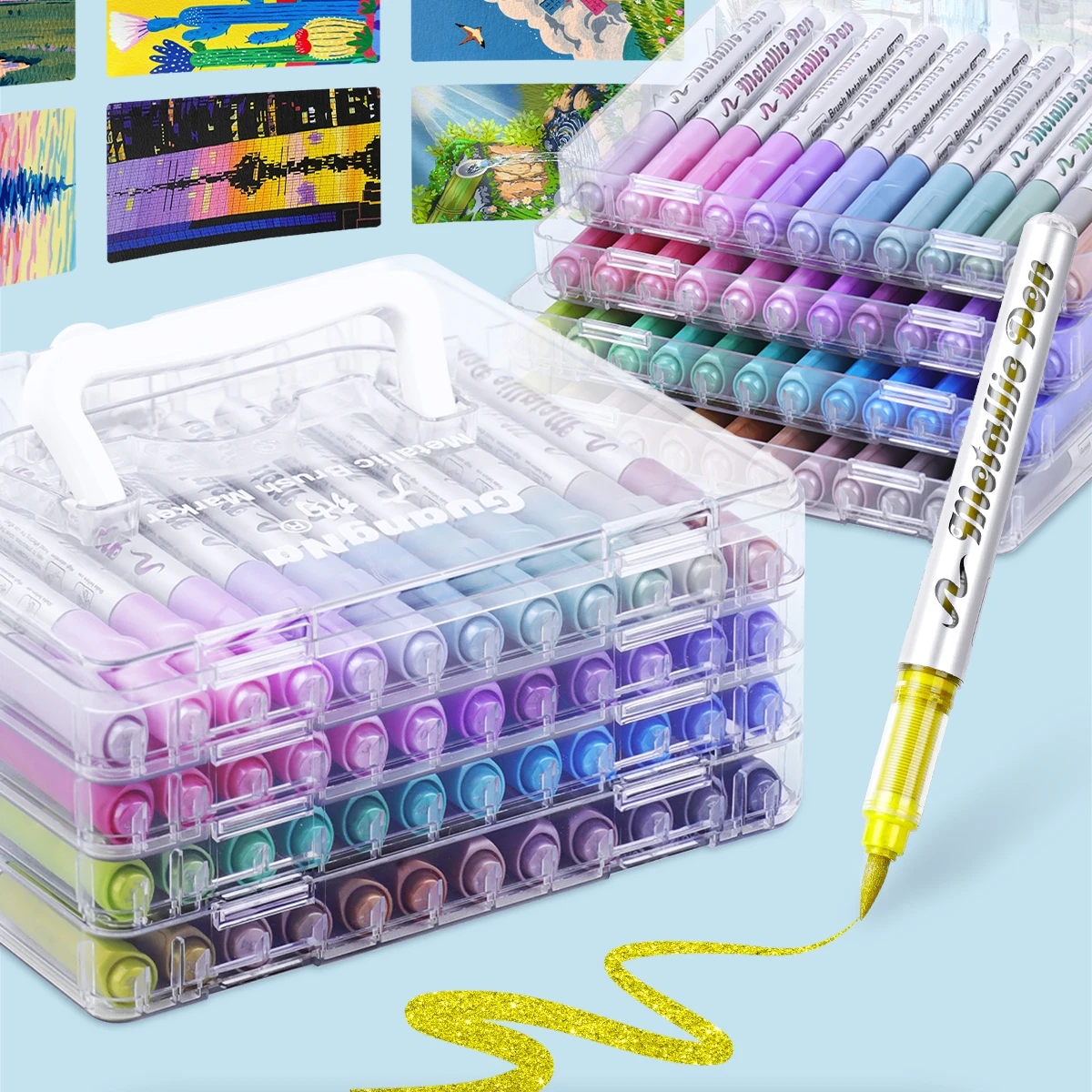 

Metallic Brush Marker Pens,Automatic Ink Control Acrylic Paint Metallic Pens Art Markers With Layered Storage Box,Brush Tip