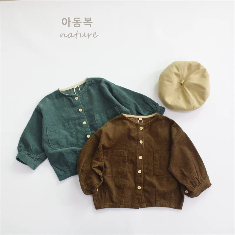 2026 Spring Autumn New Children's Coat Boys' Coat Korean Solid Corduroy Round Neck Buckle Girls' Top