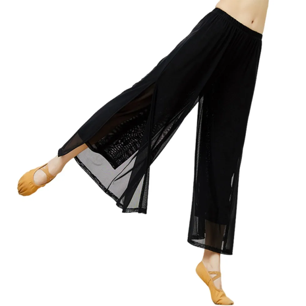 

Fashion Loose Dance Pants Elastic Waist Mesh Nylon Wide Leg Pants Stage Performance Elegant Yoga Trousers Women