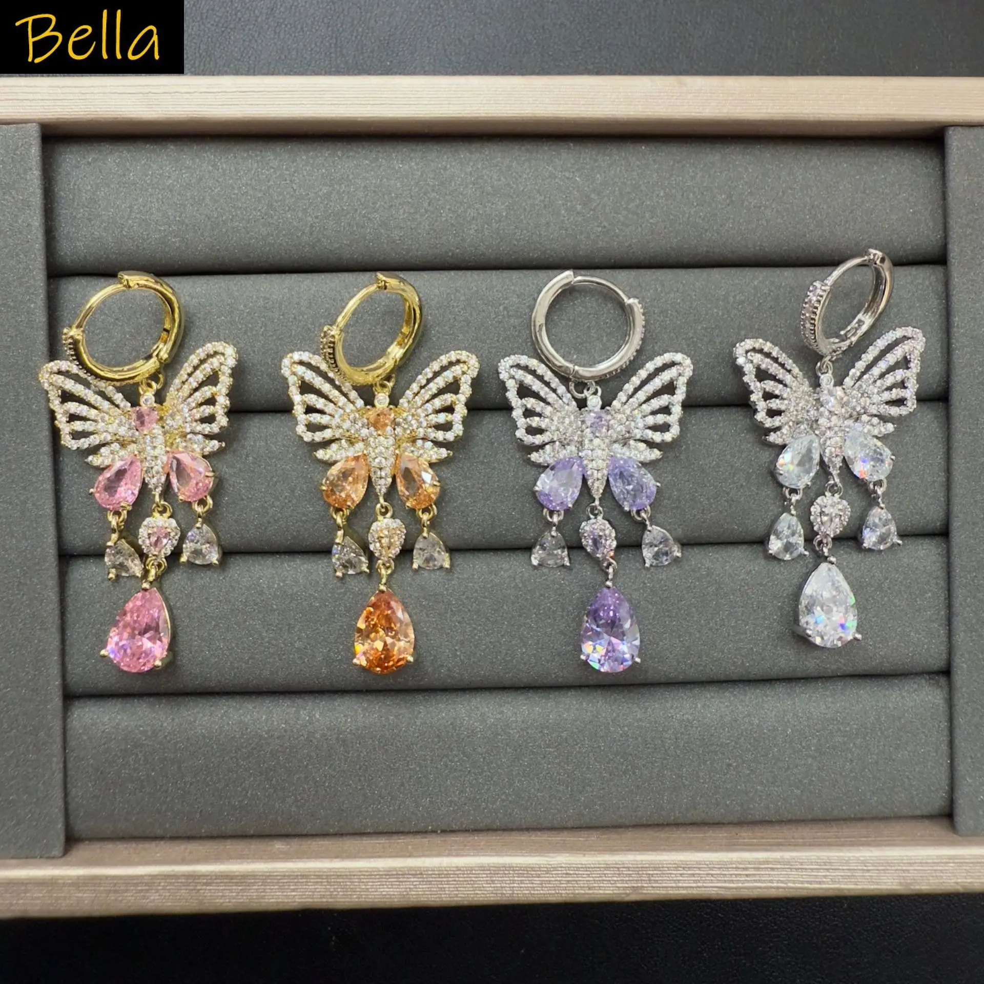 

cute shiny butterfly earrings cubic zirconia pink champagne purple white dangling earrings for women dinner party jewelry gift