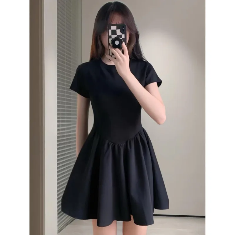 High-End Knit Petite Black Dress Spring Summer Waist-Cinching A-Line Slimming Short Pinup Style For Ladies