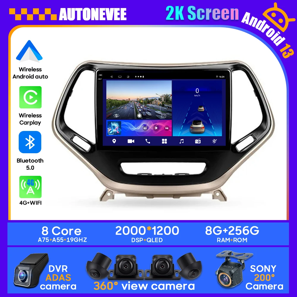 

QLED Auto For Jeep Cherokee 5 KL 2014-2018 Car Radio Navigation Multimedia No 2din 2 din dvd Video Player stereo GPS Android 13