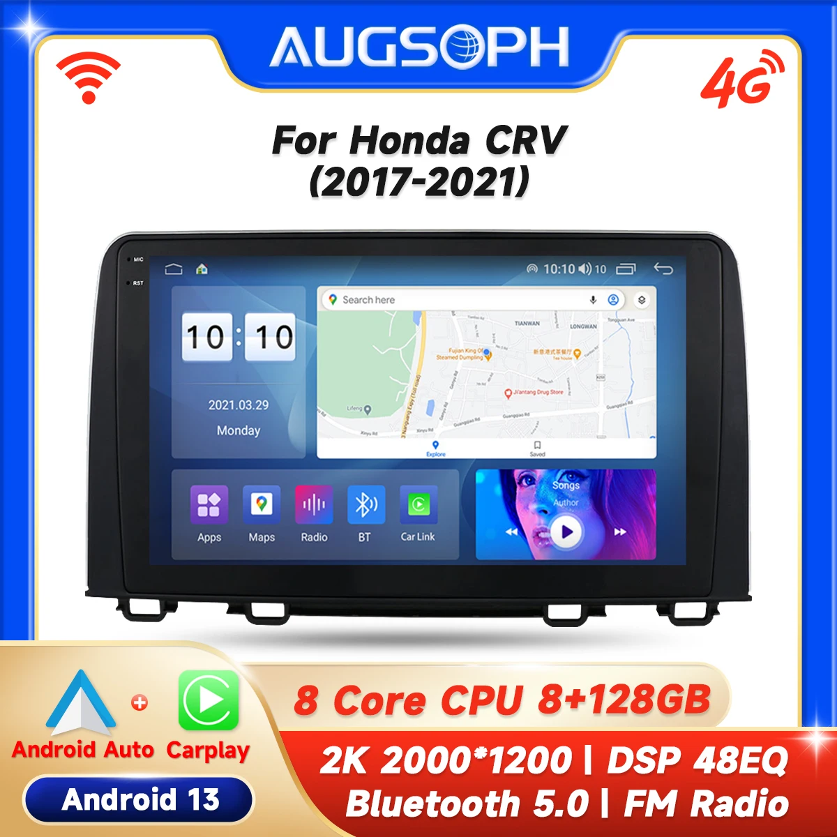 Android 13 Autoradio Voor Honda Crv 2017-2021, 10Inch 2K Multimediaspeler Met 4G + Wifi Auto Video Carplay & 2din Gps Navigatie.