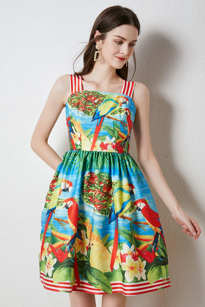 Sweet Girls Cartoon Birds Floral Printed Summer Dress 2023 Women's Sleeveless Slash Neck High Waist Holiday Short Vest Vestidos