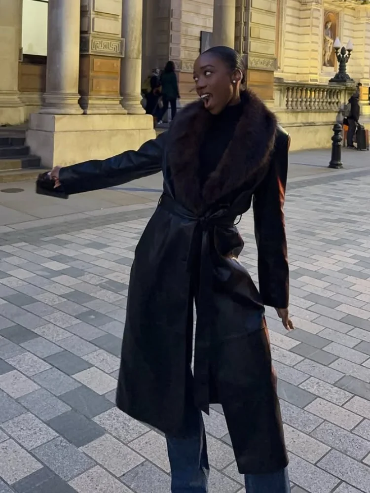 

Черное лоскутное кожаное пальто из искусственного меха, женское модное однобортное длинное пальто с лацканами на шнуровке, женская зимняя уличная верхняя одежда