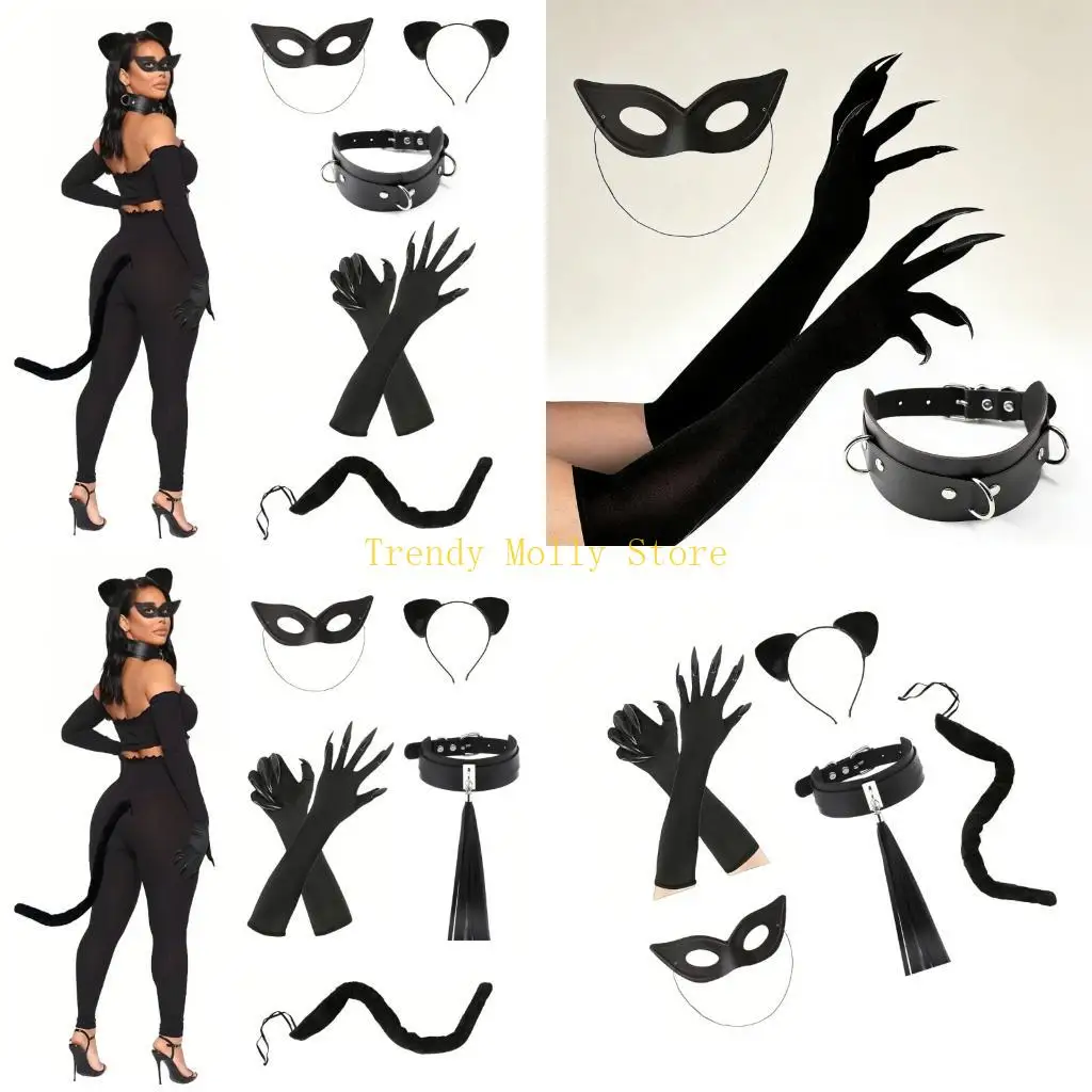 N5KB Katzenkostüm für Damen, Halloween-Kostüm, Maskeraden, Maske, Handschuhe, Schwanz, Halsband