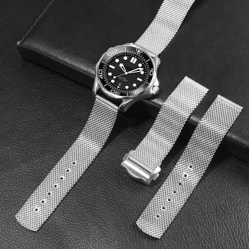For Seamaster 300 Mesh Strap 20mm Silver Black Flat Interface Bracelet Stainless Steel Watch Band Breathable Waterproof Design