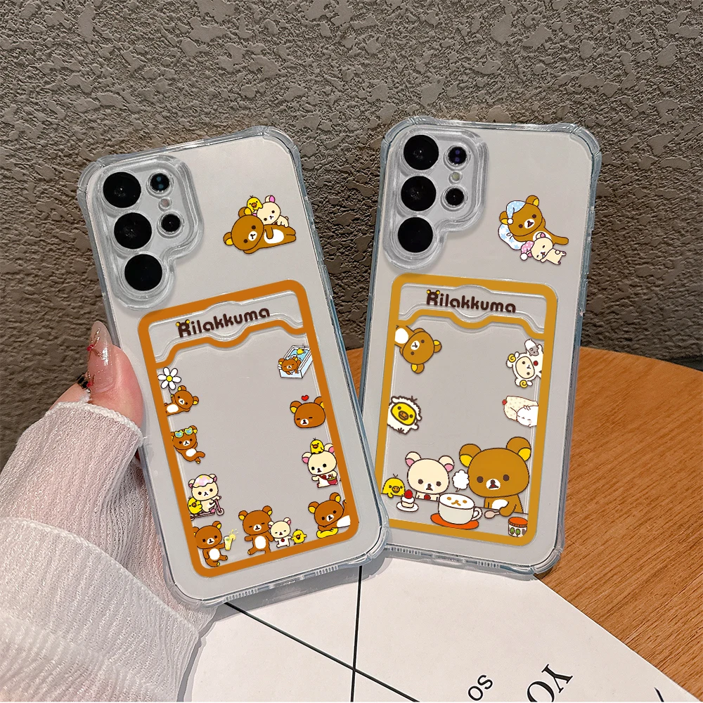 Cute R-Rilakkuma Bear Card Hold Phone Case For Xiaomi 13 12 12T 11 Lite Poco M5 M4 X5 X4 X3 Pro NFC 4G 5G Anti-fall Clear Cover