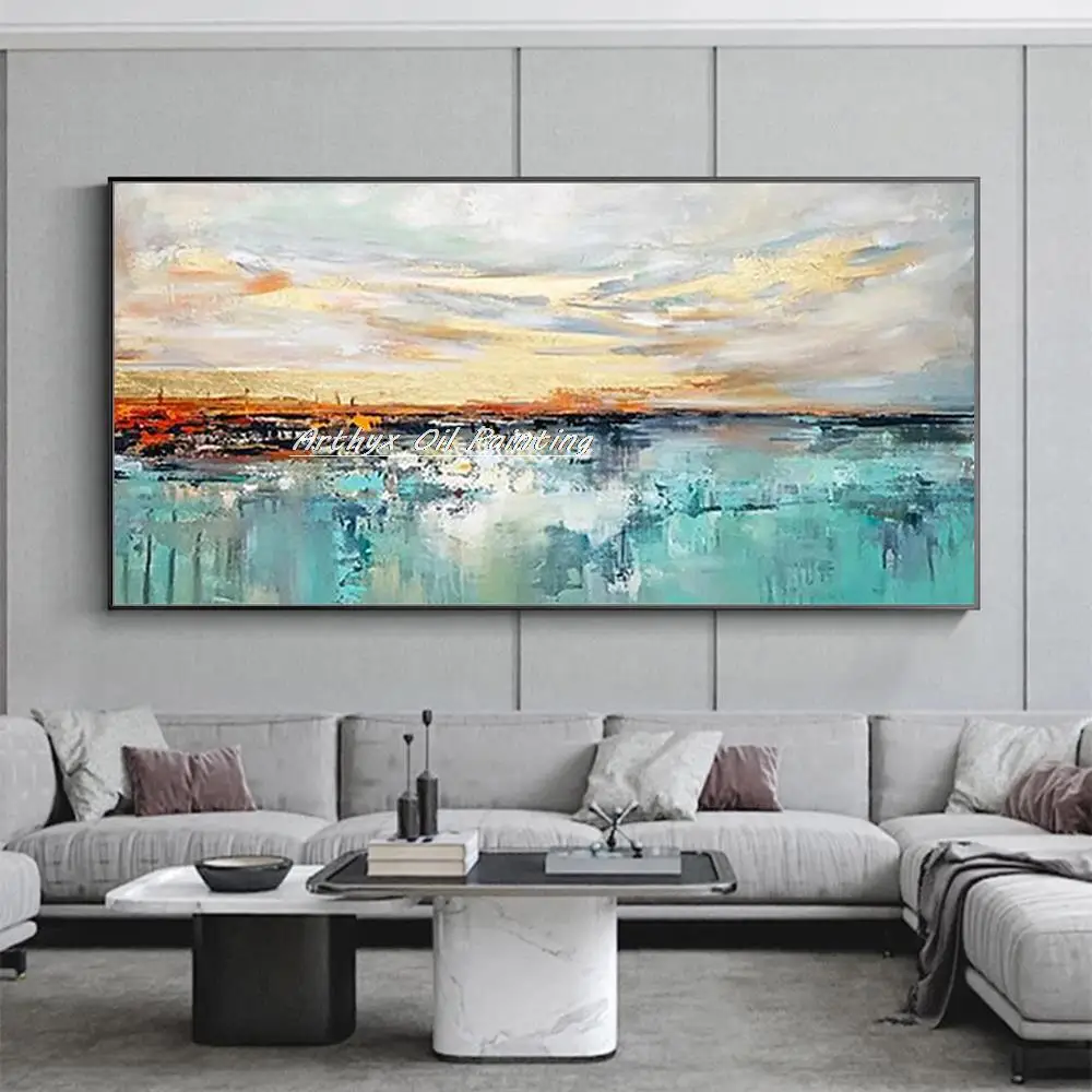 Arthyx Handpainted Landscape Lake Sky Oil Painting On Canvas,Abstract Art Posters,Wall Picture,Modern Home Decoration,Room Decor