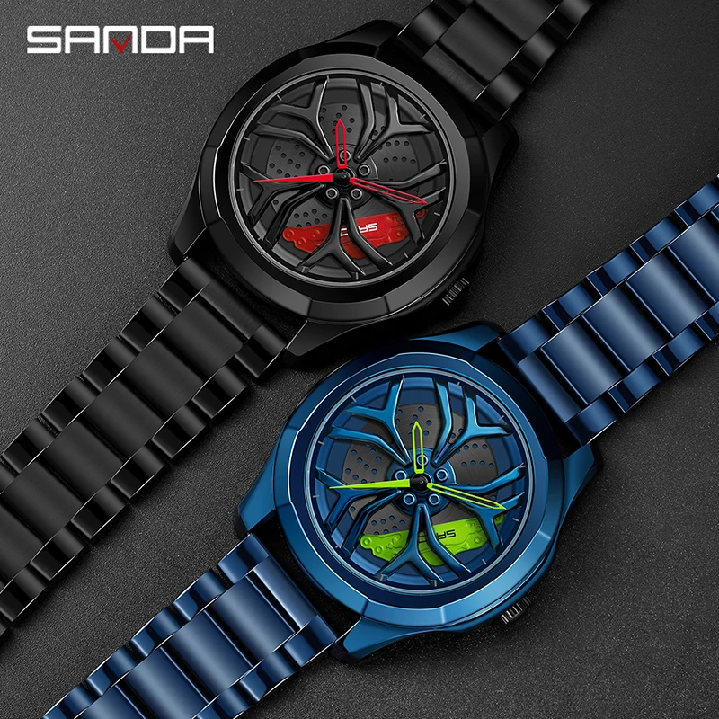 SANDA Fashion Men Racing Watch 360°Rotating Dial Blue Stainless Steel Strap Brand New Mens Watches Waterproof Quartz Watch Reloj