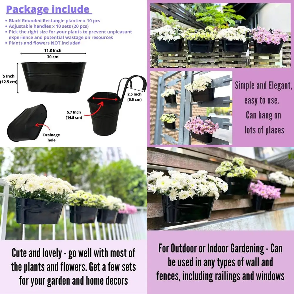 

Подвесные кашпо LaLaGreen для растений (11,8 дюйма, 10 шт.), черные металлические железные подвесные горшки для балконных ограждений и перил