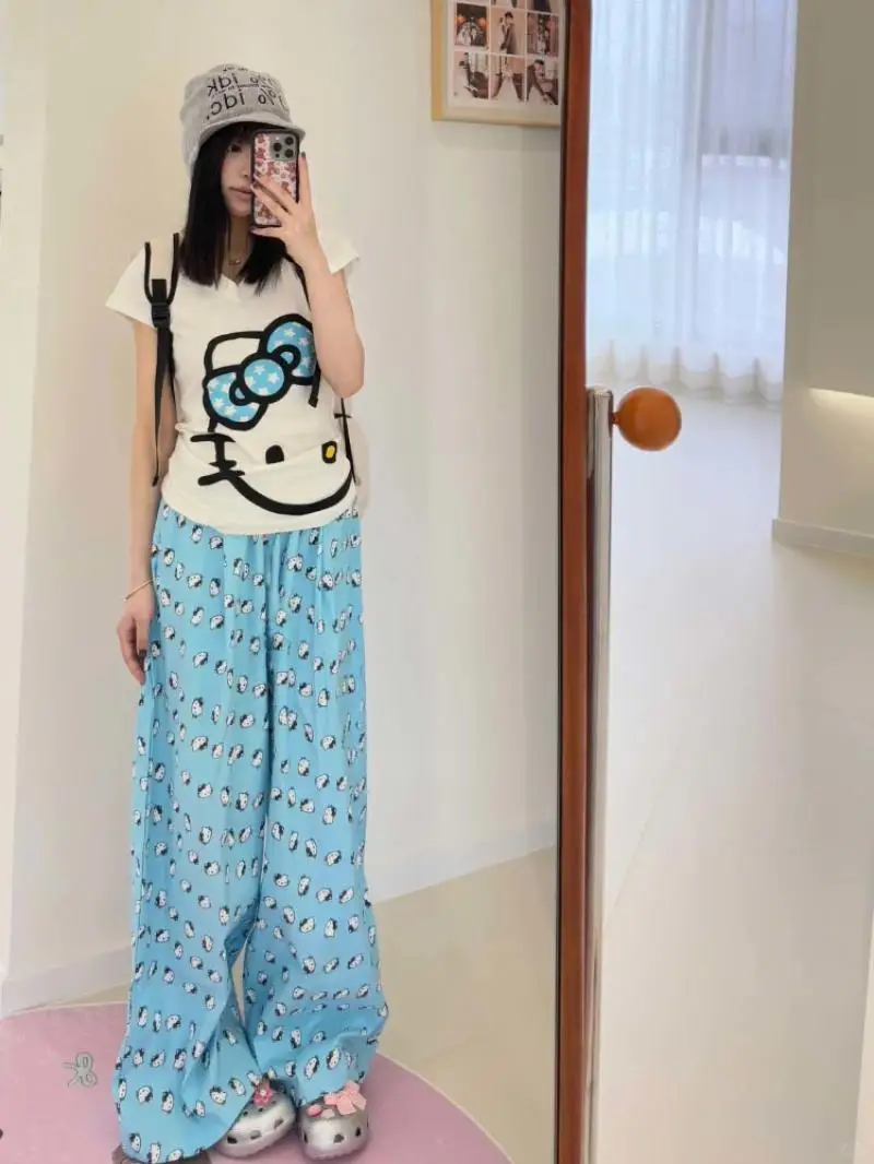 Модный пижамный комплект Sanrio из 2 предметов, комплект домашней одежды Hello Kitty, слинг для девочек, летние охлаждающие брюки Y2K, корейский стиль для девочек