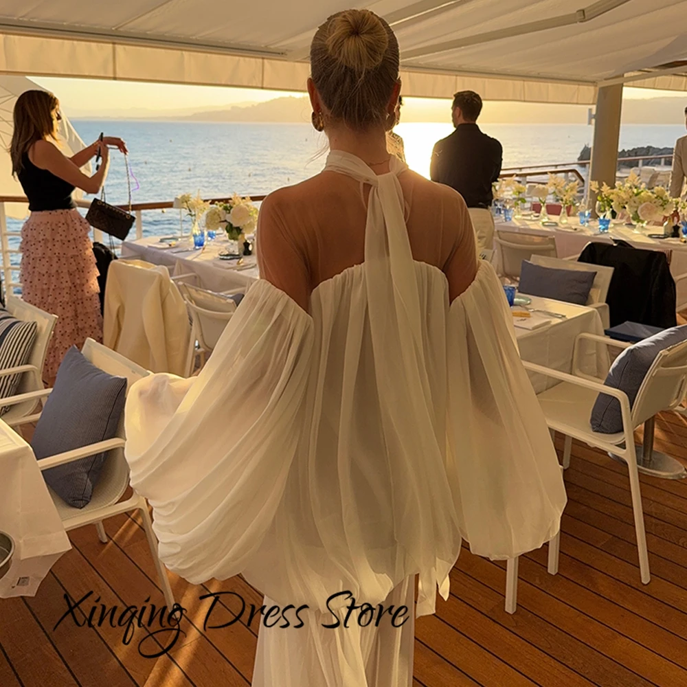 Elegant Puff Sleeves Evening Dress Fashion Strapless Long Sleeves Customized Celebrity Gowns  See Through Chiffon Party Dresses